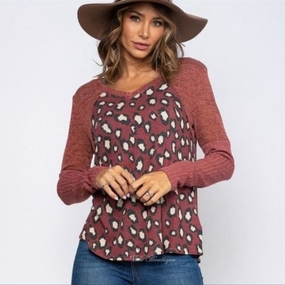 Burgundy Leopard print Color Block TOP - Picture 7 of 8